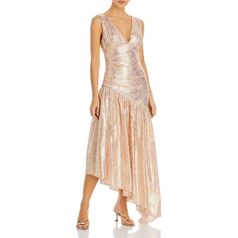NEW! Ramy Brook- Betsy Metallic Asymmetrical Deep V Neck Dress Powder Pink 4